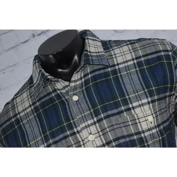 J Crew Flannel Dress Shirt Button Up Mens Size XL Slim Green Blue Plaid Cotton - Picture 4 of 7